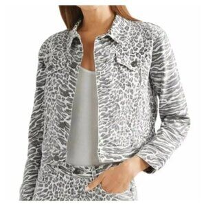 CURRENT ELLIOTT The Baby Trucker Leopard Print Boxy Cut Slight Crop Denim Jacket